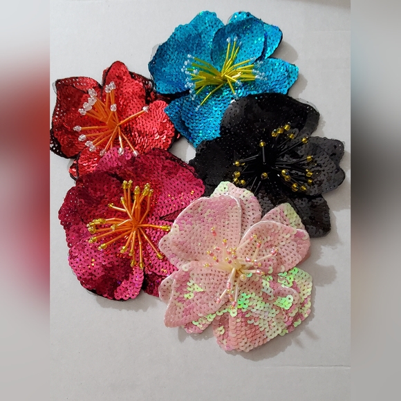 3D hibiscus beaded applique flower sew on iron on patch sequins tropical hot pnk - Picture 10 of 11